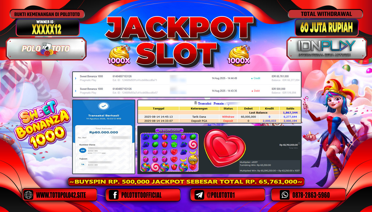 POLOTOTO JACKPOT SLOT SWEET BONANZA 1000 Rp.60.000.000,-LUNAS
