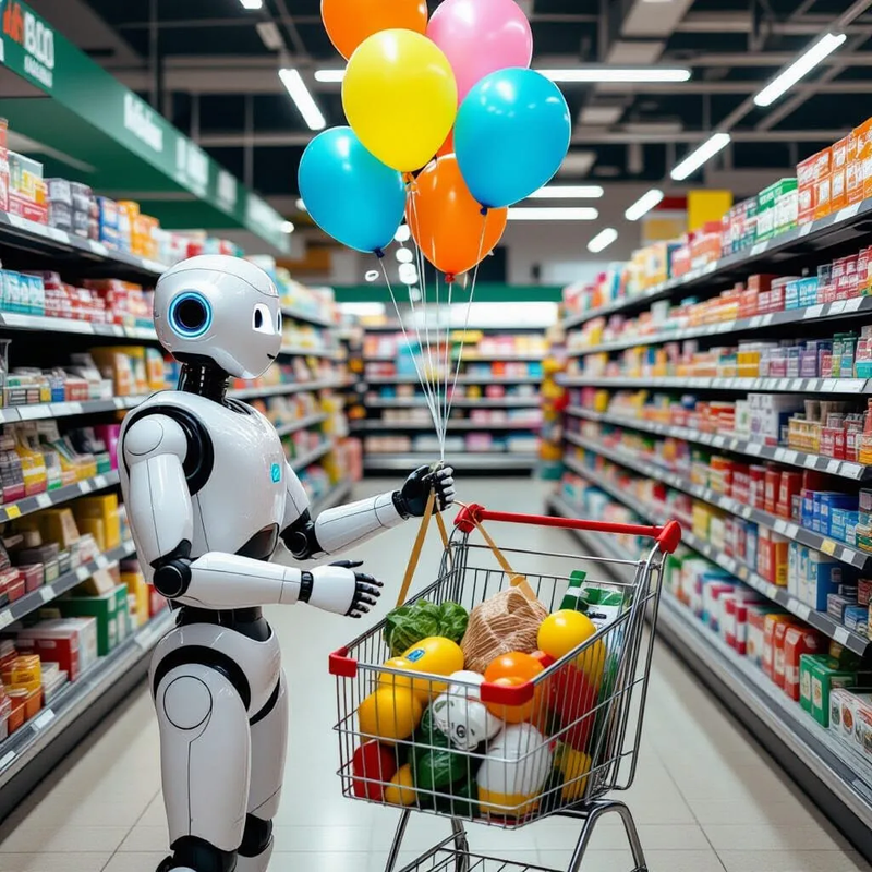 Picture of a robot in a supermarket attaching helium balloons to a heavy bag of groceries