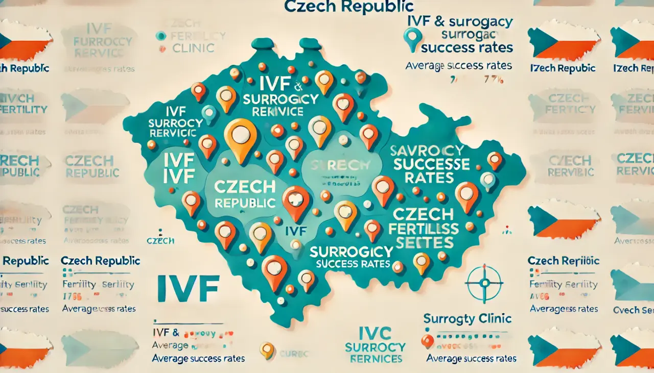 Map showing surrogacy and IVF clinic locations in the Czech Republic, including data on success rates.