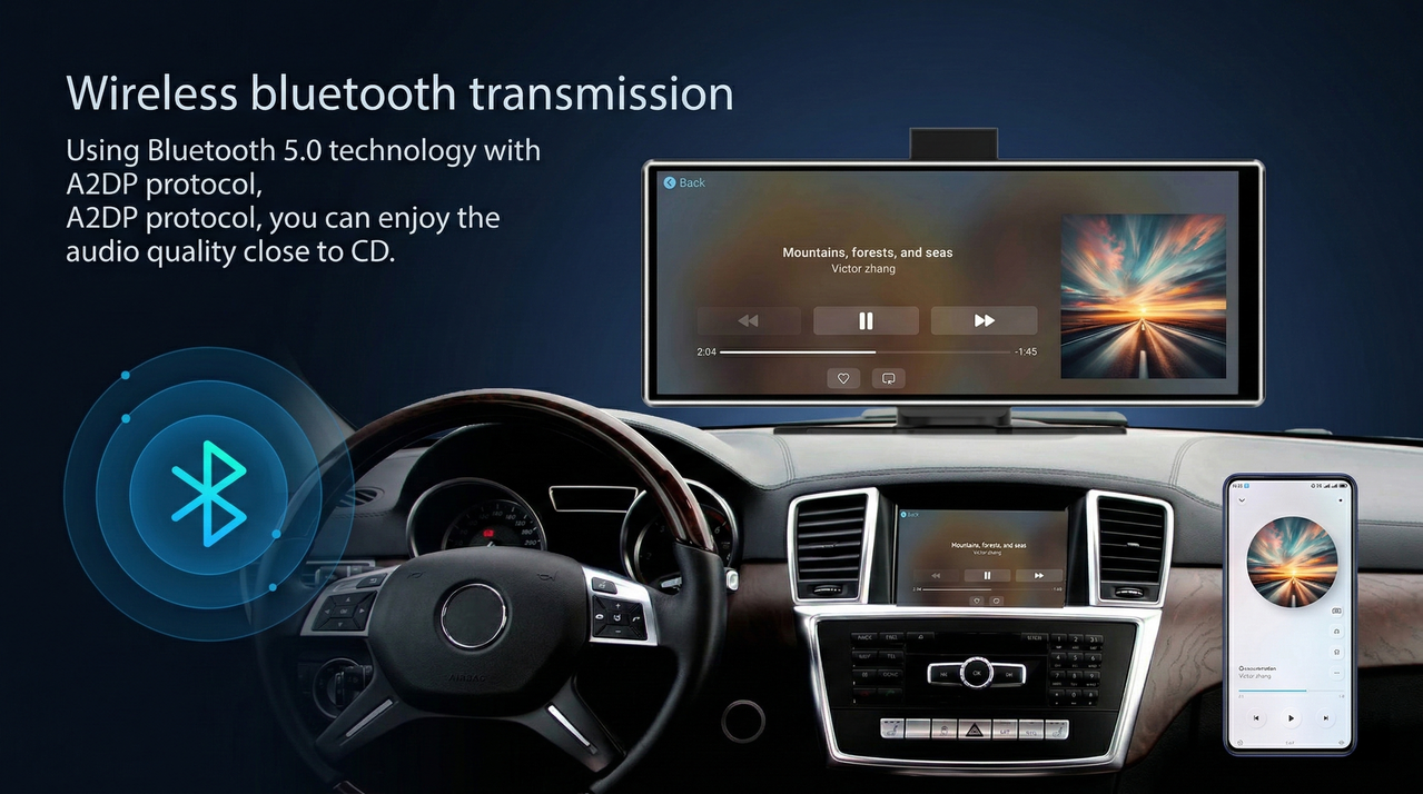 Excitat ecran navigatie auto cu Bluetooth 5.0 si A2DP, redare muzica wireless, sunet clar pentru condus zilnic