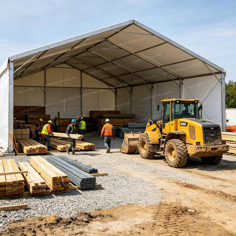 Lingtong Structures modular clear span industrial tent deployed at logistics yard, showcasing column-free interior space for forklift operations and customized side panel configurations