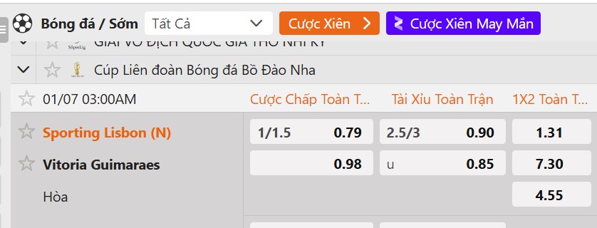 Tỷ lệ kèo Sporting vs Vitoria Guimaraes