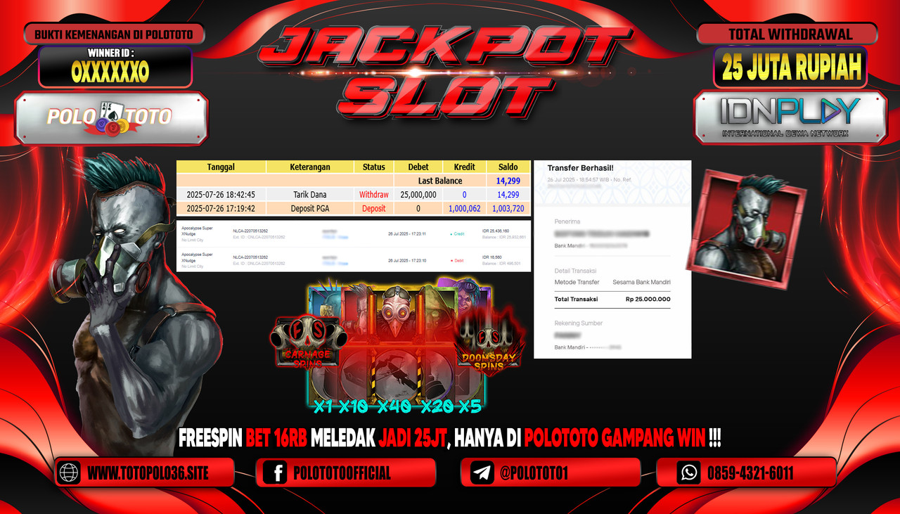 POLOTOTO JACKPOT SLOT APOCALYPSE SUPER XNUDGE Rp.25.000.000,- LUNAS