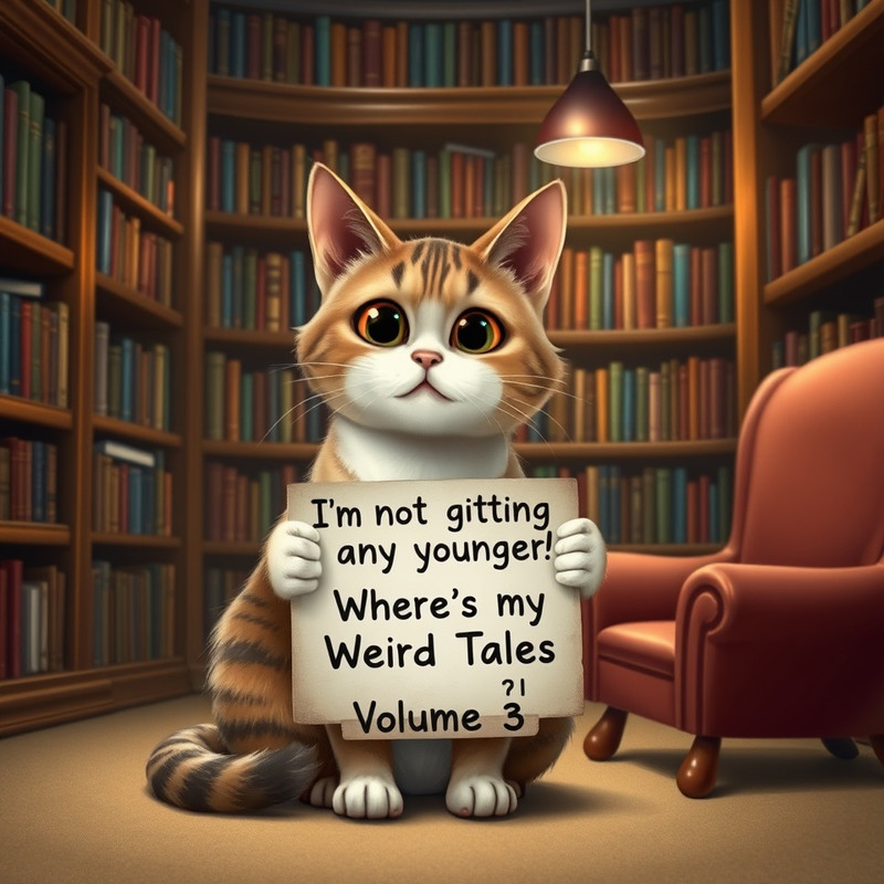 Here is the updated image featuring the whimsical cat in a cozy library now with the correct text