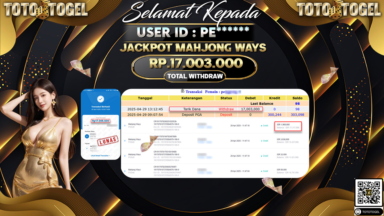 Bukti Pembayaran Jackpot  Permainan Slot Mahjong Ways ID:PE***** LUNAS