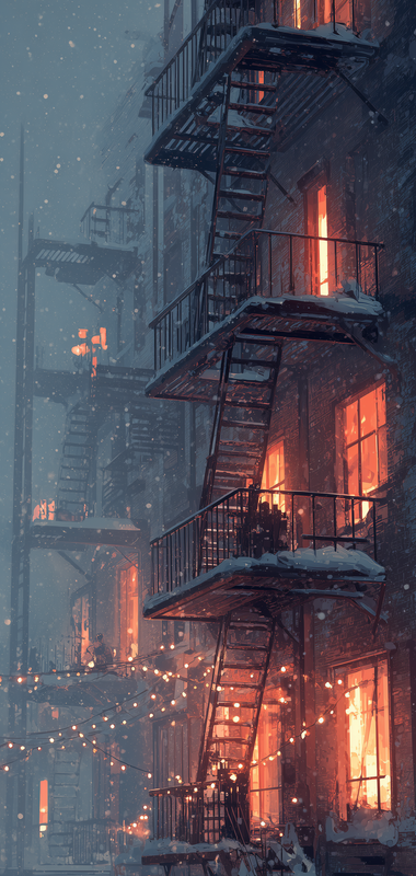 New York fire escapes in winter 90s illustration style soft s 584f905f cc82 417a 8c13 b16c01397941 0