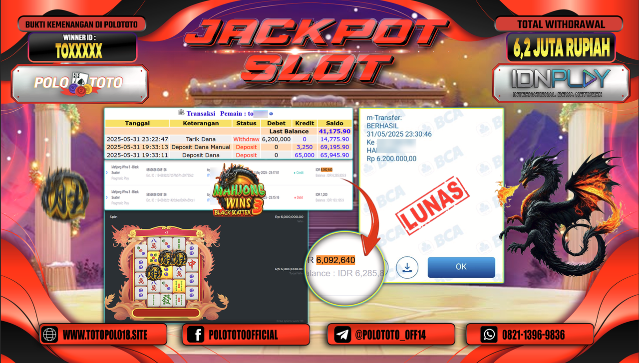 POLOTOTO JACKPOT SLOT MAHJONG WINS 3 - BLACK SCATTER Rp.6.200.000,-