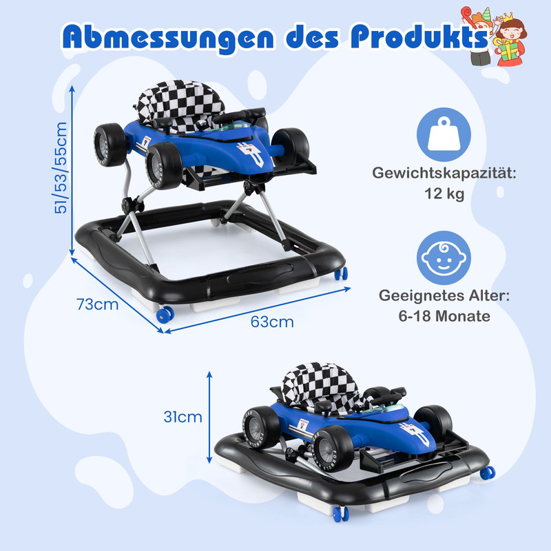4in1lauflernwagengehassistentmit3stufigeinstellbarerhhegepolstertemsitzlenkradspieluhrblau 175444979