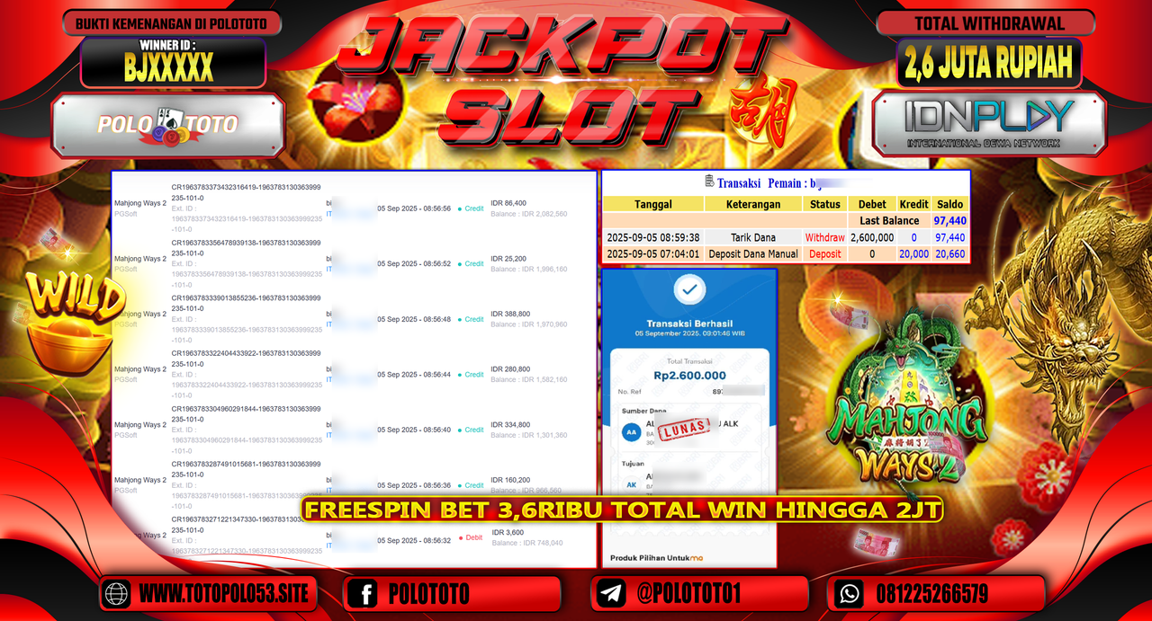 POLOTOTO JACKPOT SLOT MAHJONG WAYS 2 Rp.2.600.000,-
