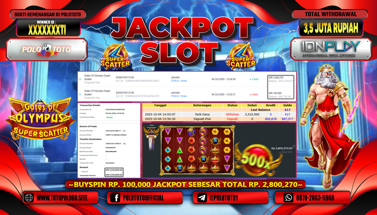 POLOTOTO JACKPOT SLOT GATES OF OLYMPUS SUPER SCATTER Rp.3.500.000,- LUNAS