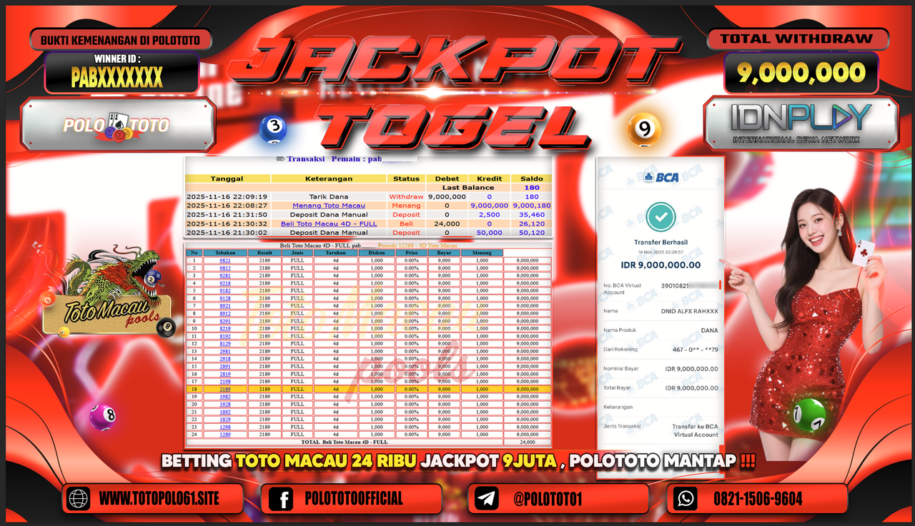 POLOTOTO JACKPOT TOGEL MENANG TOTO MACAU Rp.9.000.000,- LUNAS
