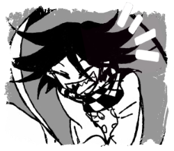 Fanart of Kokichi, cut out so that it looks like it's in a scratchy square shape. Kokichi is leaning slightly forward and laughing with his eyes closed, showing off his sharp teeth. There are four little 'exclamation' lines to the right of his face.