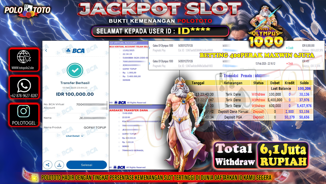 POLOTOTO JACKPOT SLOT GATES OF OLYMPUS 1000 Rp.6.100.000,-
