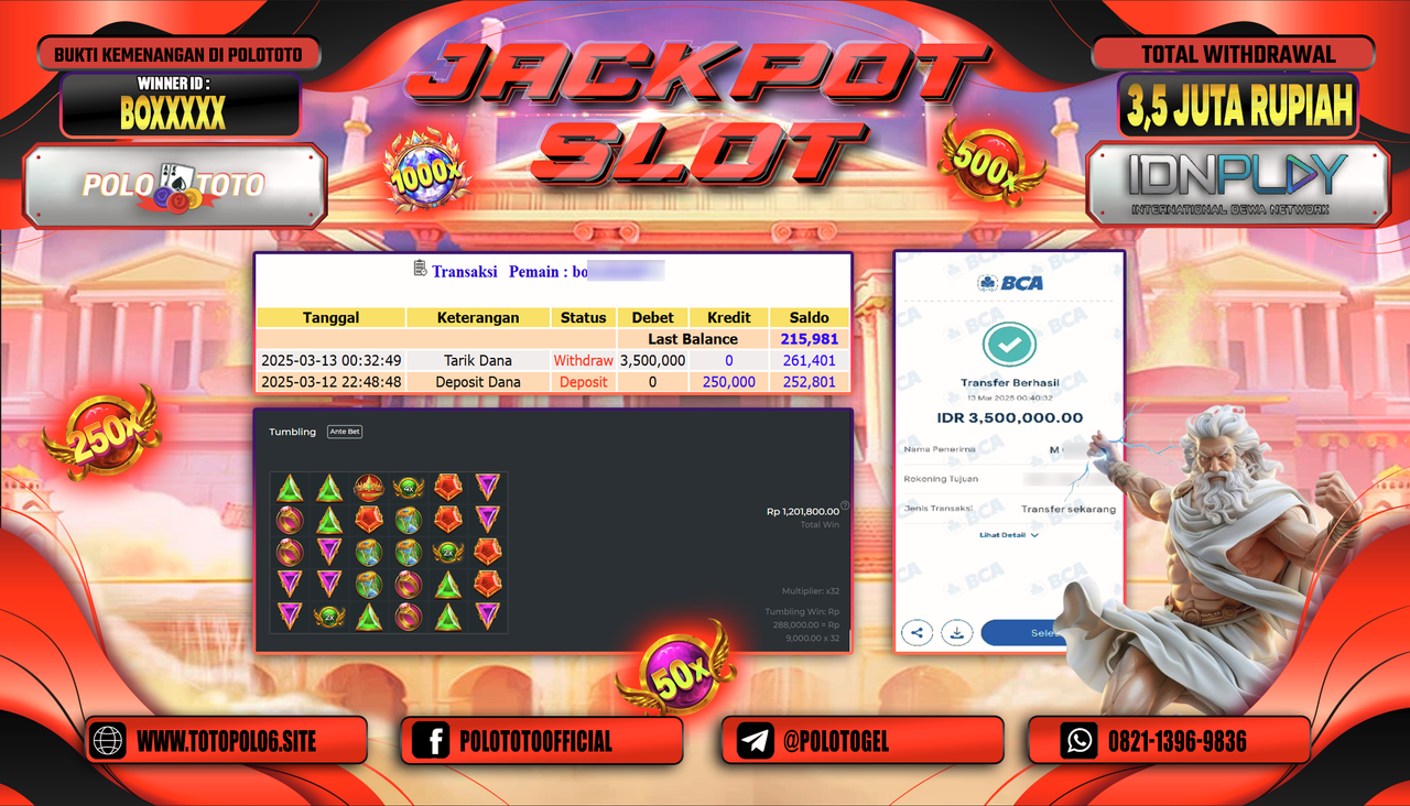 POLOTOTO JACKPOT SLOT GATES OF OLYMPUS 1000 Rp.3.500.000,-