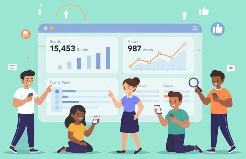 Image of creators in an office looking at a results page representing a professional Wattpad story marketing service with transparent analytics dashboard providing real-time traffic tracking, read counts, click metrics, and detailed performance reporting for complete visibility