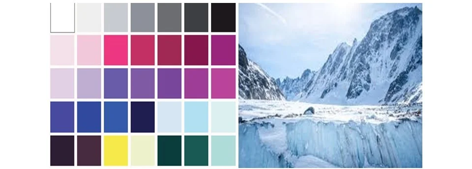 Palette Hiver : des teintes bleutées tranchées et intenses, dominées par le blanc pur et les contrastes marqués. 