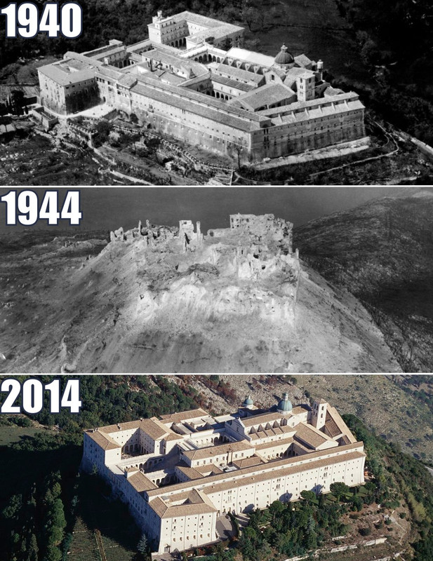 Photos avant-apres WWII - Page 28 Abbaye-b-n-dictine-de-Monte-Cassino-Italie-1940-vs-1944-vs-2014