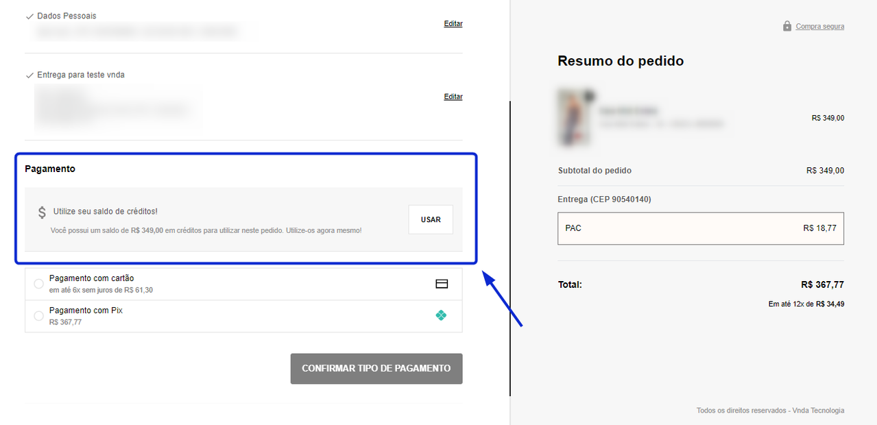 Cashback disponível na página de pagamento.