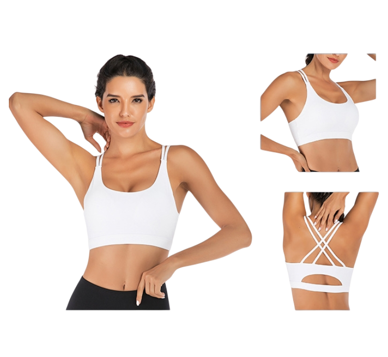XL Size White Elegant Sexy Criss-Cross Back Sports Bra for Women - High Support & Anti-Shock, Wire-Free Yoga Crop Top with X-Shape Fine Strap