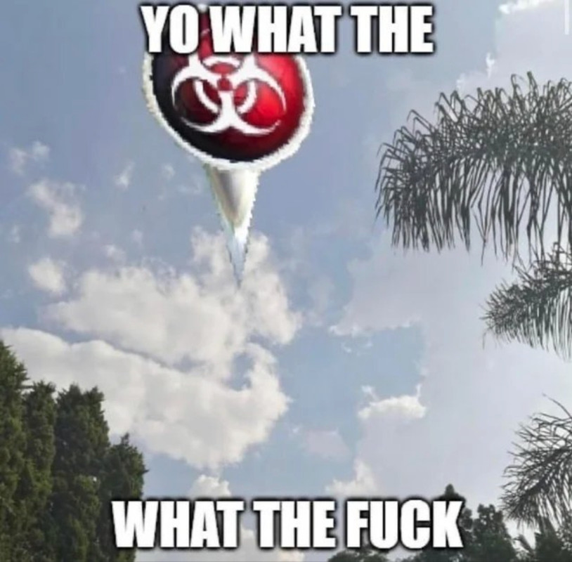With the camera pointing at the sky, an large arrow from the game plague inc is shown on the ground. It is captioned "yo what the fuck"