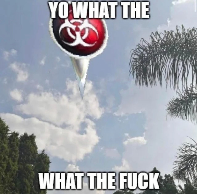With the camera pointing at the sky, an large arrow from the game plague inc is shown on the ground. It is captioned &quot;yo what the fuck&quot;