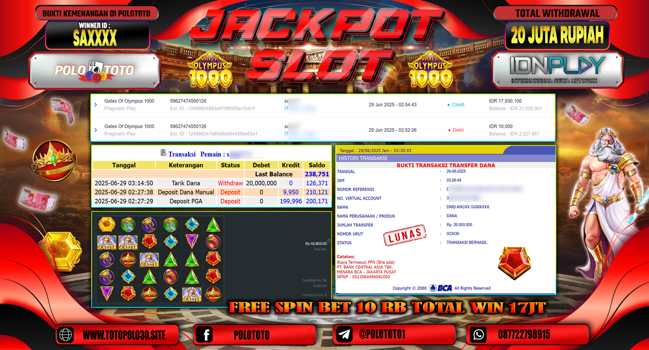 POLOTOTO JACKPOT SLOT GATES OF OLYMPUS 1000 Rp.20.000.000,-