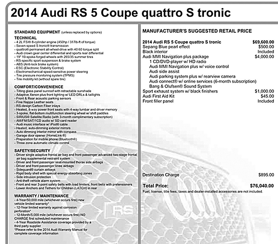 2014 RS5 window sticker