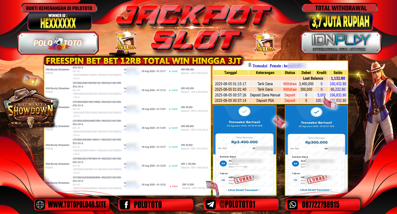 POLOTOTO JACKPOT SLOT WILD BOUNTY SHOWDOWN Rp.3.700.000,-LUNAS