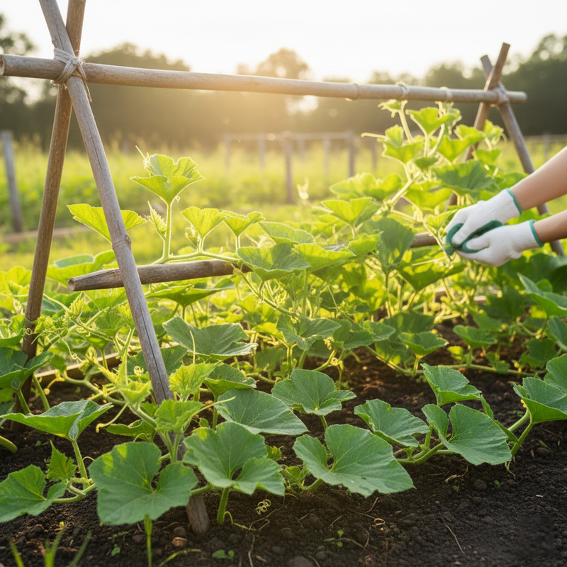 Trellis support for bottle gourd vines to improve yield and keep fruits clean