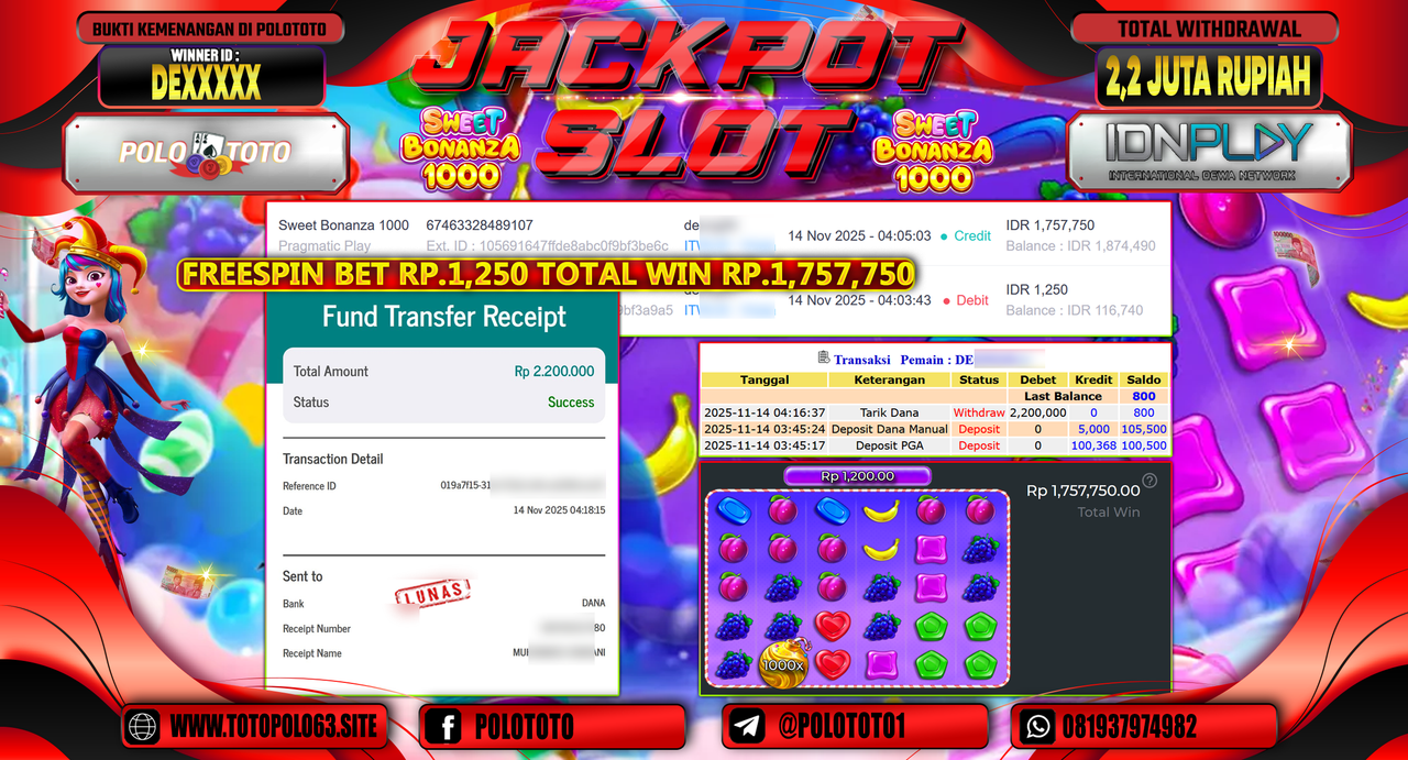 POLOTOTO JACKPOT SLOT SWEET BONANZA 1000 Rp.2.200.000,- LUNAS