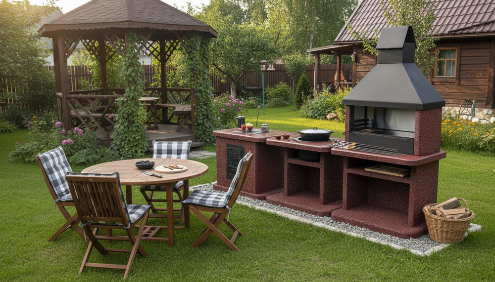 Вечернее освещение зоны барбекю гирляндами и фонарями