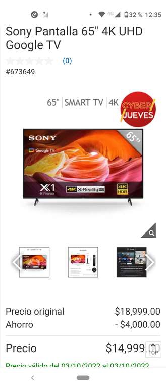 Costco Sony Pantalla 65 4K UHD Google TV 