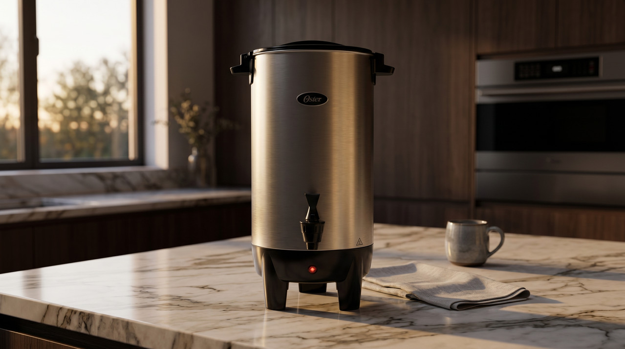 Percolador de acero inoxidable Oster BVSTDC3390 de 35 tazas en un entorno elegante