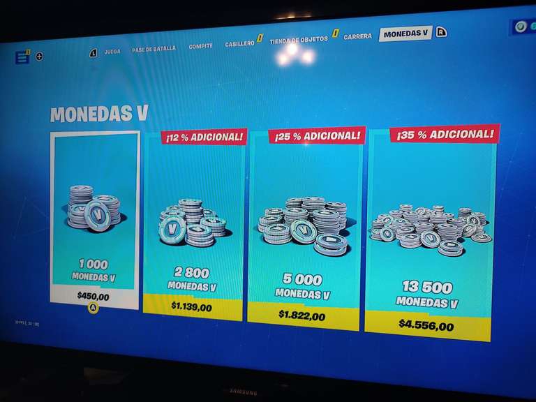 Nintendo eShop Argentina: 1000 pavos Fortnite por 46.63MXN aprox sin impuesto (no me cobró impuestos) 
