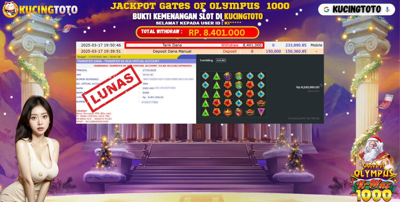 KUCINGTOTO JACKPOT SLOT GATES OF OLYMPUS 1000 RP.8.401.000.,- LUNAS