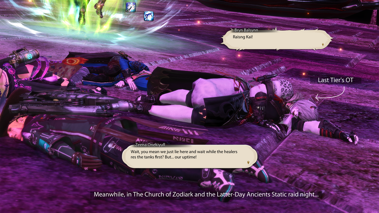 A scene of four DPS lying KO'd on a raid arena floor. Bottom of the panel reads "Meanwhile, in the Church of Zodiark and the Latter-Day Ancients Static raid night...". In the background a bright light is seen, and two Viera being lifted off the floor with the icons for Think Air and Raise over them. An arrow points to the fem Hrothgar and says "Last Tier's OT". Text reads: Bryn Balsynn: (yelling) Raising Kai! Zeena Onekiyull: Wait, you mean we just lie here and wait while the healers res the tanks first? But... our uptime!