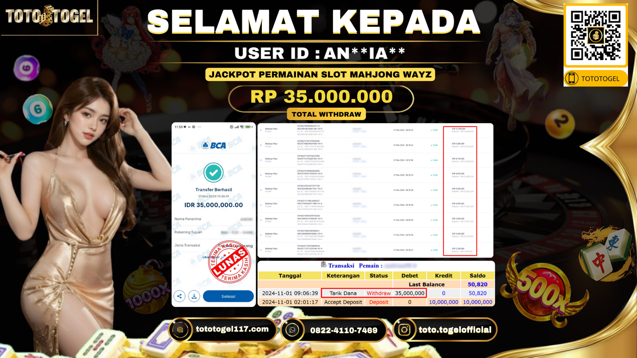 Bukti Pembayaran Jackpot Permainan Slot Mahjong Wayz ID:AN**IA** LUNAS 
