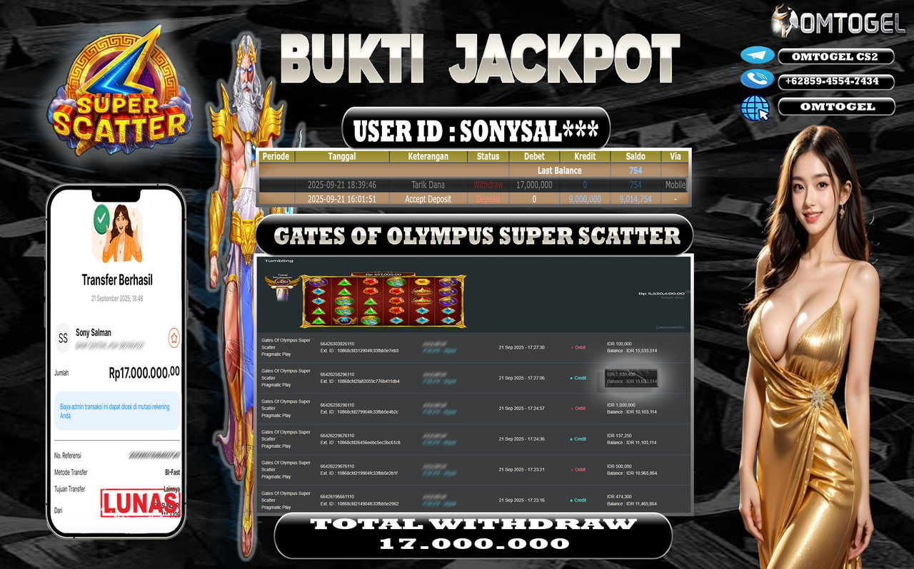 OMTOGEL JACKPOT PRAGMATIC PLAY GATES OF OLYMPUS SUPER SCATTER 17 JUTA DI BAYAR LUNAS ,-