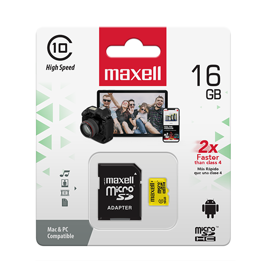 Tarjeta de memoria MicroSD Maxell de 16GB con su empaque y adaptador SD.