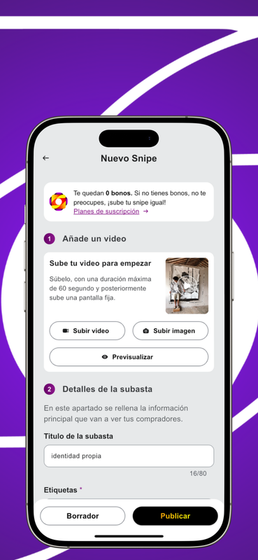 Pantalla de creación de Snipe