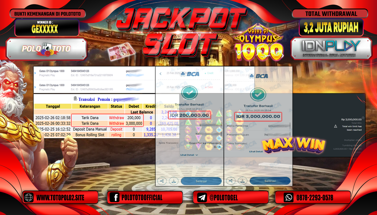 POLOTOTO JACKPOT SLOT GATES OF OLYMPUS 1000 Rp.3.200.000,-