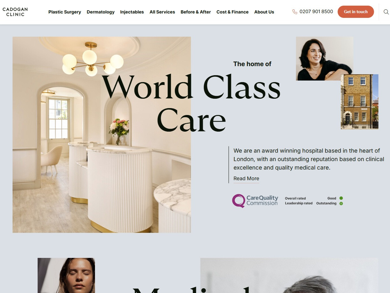 Cadogan clinic reception area with hospital grade aesthetic setting.