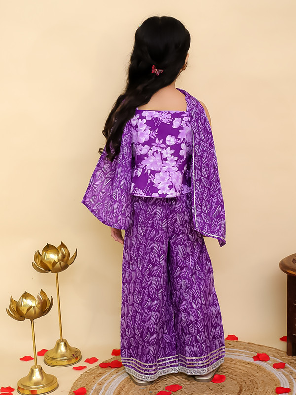 Kids Girls Party Wear Dress Floral Printed Girls Co-Ords Top Bottom Dupatta Set - Picture 10 of 18