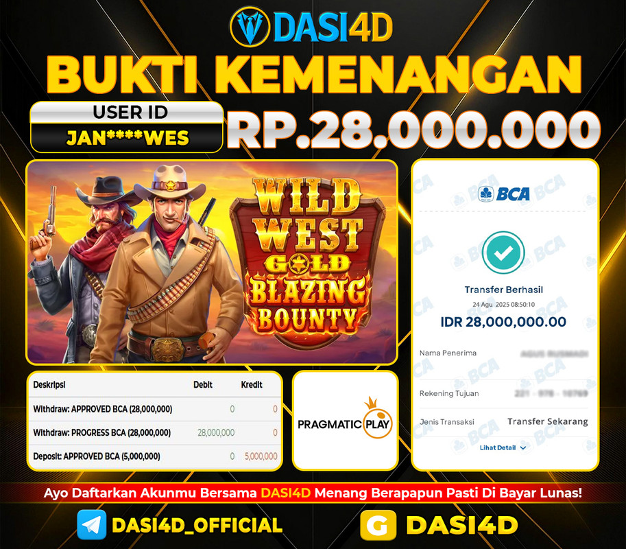 BUKTI KEMENANGAN 24 AGUSTUS 2025 DI  WILD WEST GOLD  WD RP. 28.000.000