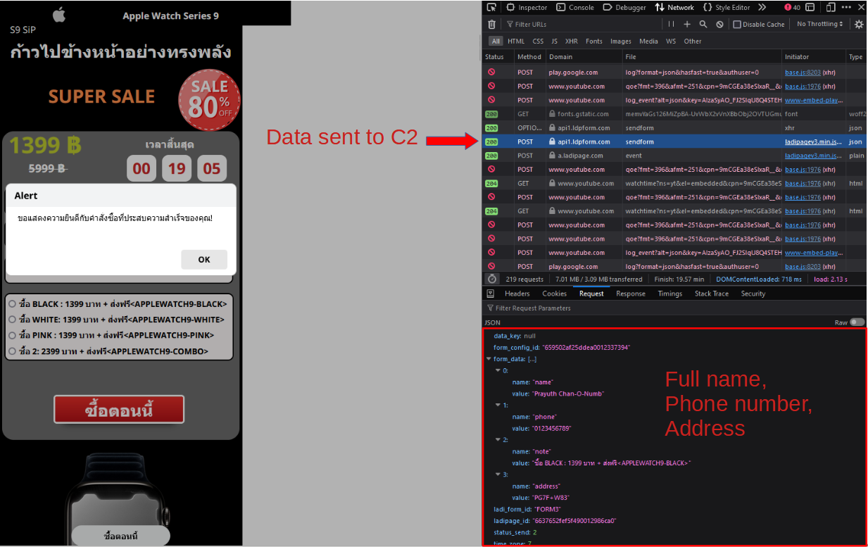 ข้อมูลส่ว่นบุคคลในแบบฟอร์มถูกส่งไปยังผู้โจมตี