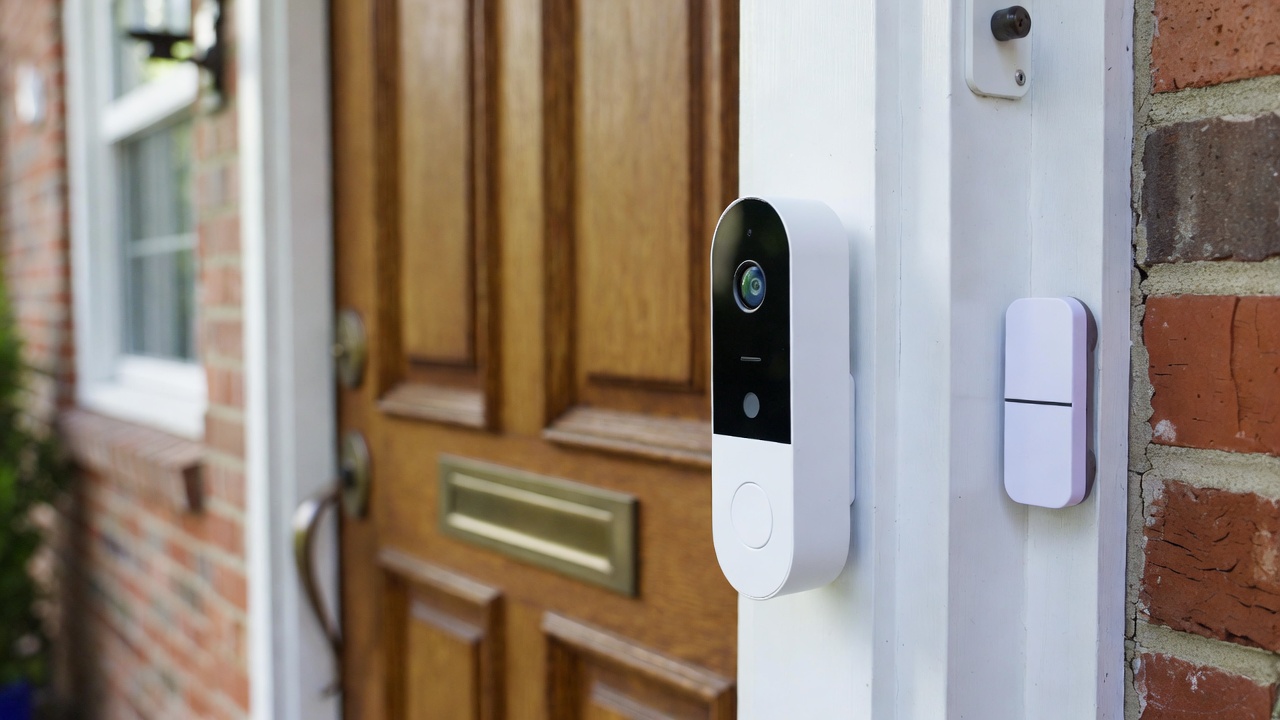 Affordable security devices including a video doorbell and contact sensor on a front door