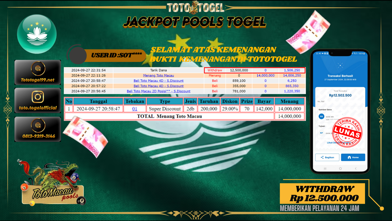 Bukti Kemenangan Permainan Pools Togel  ID : SOT*** Terbayar Lunas!!