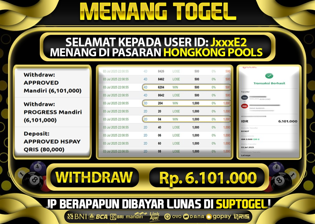  BUKTI KEMENANGAN 3 JULY 2025 MENANG DI PASARAN HONGKONG POOLS TOTAL WD 6 JUTAAN