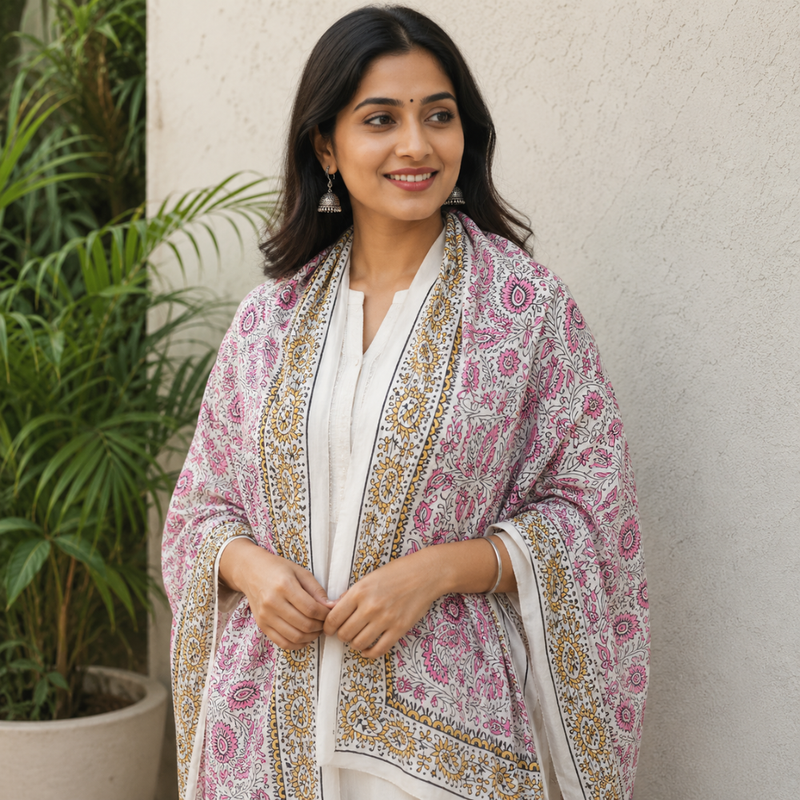 Floral Elegance Hand Block Printed Cotton Stole