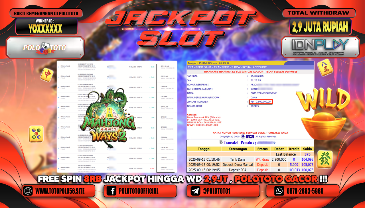 POLOTOTO JACKPOT SLOT MAHJONG WAYS 2 Rp.2.900.000,-